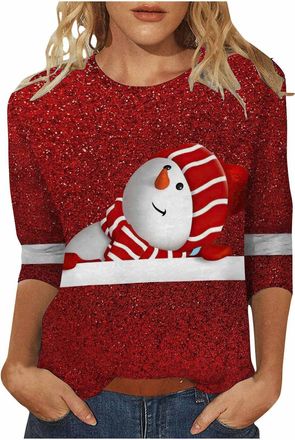 Generic Christmas T Shirts Women Snowman Printed 3/4 Sleeve Tops Novelty Jumper Casual Sweatshirt Ladies Christmas Xmas Tops Crewneck Pullover Party Lightweig