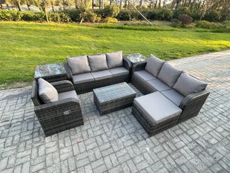 Fimous 8 Seater Rattan Outdoor Garden Furniture Sofa Set Patio Table & Chairs Set with 3 Seater Sofa Reclining Chair 3 Seater Sofa 2 Side Tables