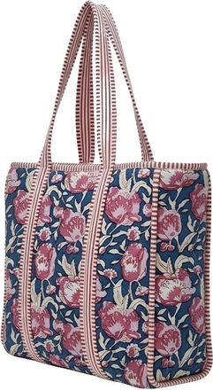 Generic Quilted Floral Tote Bag for Women - Stylish Pink & Blue Handbag, Spacious Shoulder Bag for Everyday, Beach, Travel & Shopping