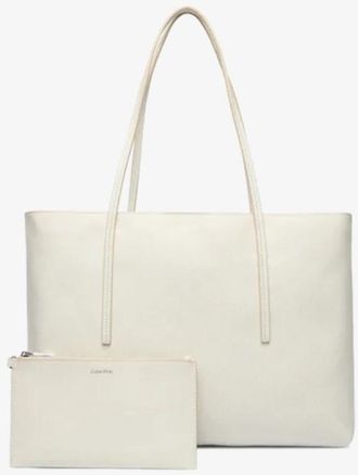 Calvin Klein Coated Emblem Logo Tote Bag met Etui - Dames - Shoppers - Wit - ONE Size - Polyester - Tassen