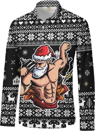 Generic Mens Ugly Christmas Shirt Novelty Santa Claus Print Long Sleeve Button Down Dress Shirt Funny Xmas Party Holiday Tshirts Stretch Work Tops Slim Fit Bl