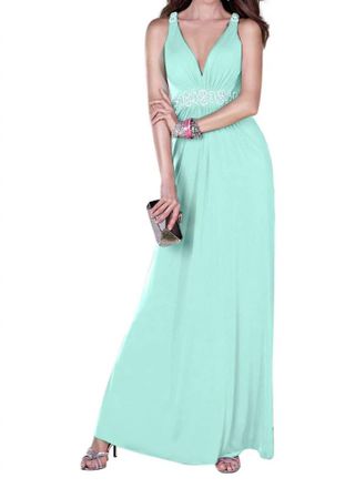 Alyce Paris Long Jersey Knit Cross Back Dress In Mint