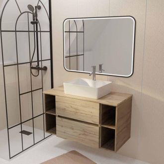 Aurlane Aurlane - Mueble De Ba&ntilde;o 100 Efecto Roble Lavabo Blanco Rectangular Espejo Led Negro