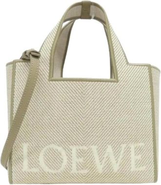 Loewe Pre-owned Tote Bags, female, Beige, Size: ONE SIZE Pre-owned Font Tote Small Jacquard Canvas Tote Bag