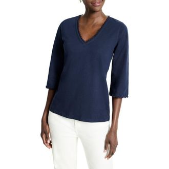 Nic+Zoe Fringe Trim Cotton T-Shirt in Dark Indigo at Nordstrom, Size Xx-Large