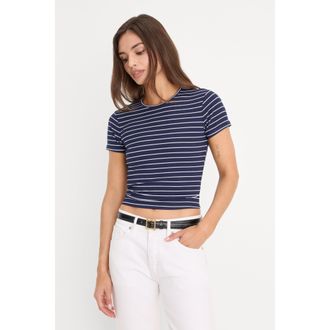 Good American Womens The Rib Baby T-Shirt | Simple Stripe Horizon Ink, Size Medium | Good American by Khlo&Egrave; Kardashian