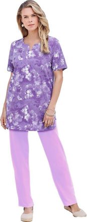 Roaman's Plus Size Soft Knit Print Tunic With Notch Neckline in Violet Spray Floral at Nordstrom, Size Medium