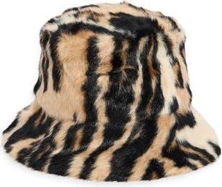 La Fiorentina Reversible Animal Print Faux Fur Bucket Hat in Black at Nordstrom Rack