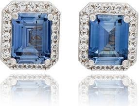 Suzy Levian Emerald Cut Blue Sapphire & Lab Grown White Sapphire Halo Stud Earrings at Nordstrom Rack