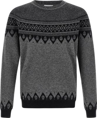 Alexander McQueen Truien & Vesten, Heren, Grijs, M, Wol, Jacquard Trui met Doodskoppenpatroon