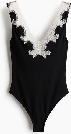 H&M Baumwollbody mit Spitzenborte - Schwarz