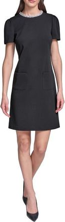 Karl Lagerfeld Pearl Collar Scuba Crepe Sheath Dress in Black at Nordstrom, Size 14