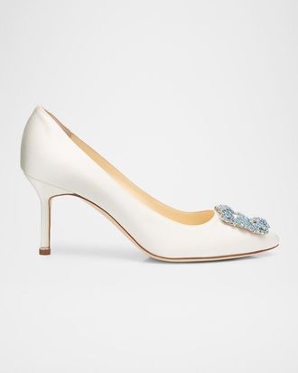 Manolo Blahnik 70mm Hangisi Satin Pumps with Crystal Buckle