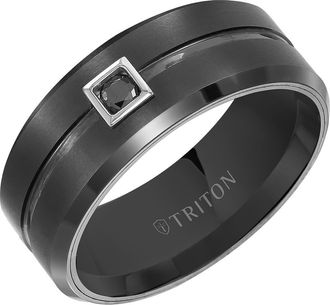 Triton 9MM Ring with Single Black Diamond Center and Brushed Center with Bevel Edge at Nordstrom, Size 11.5