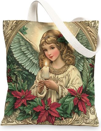 Generic Vintage Christmas Angel Canvas Tote Bag for Shopping 13x15, Retro Xmas Poinsettia Reusable Grocery Print Bag for Women, Holiday New Year Beach Aesthet