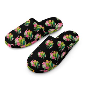 Generic Parrots Tropical Flowers Mens Cozy Memory Foam Slippers Warm Cotton House Shoes Comfy Slipper for Indoor Outdoor
