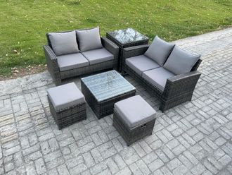 Fimous Rattan Garden Furniture Set 6 piece Patio Rattan Furniture Sofa Weaving Wicker includes 2 Double Seat Sofa, Coffee Table, 2 Small Footstools