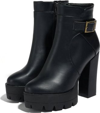 Generic Womens Platform Buckle Ankle Boots Round Toe Chunky Ultra High Heels Side Zipper Chelsea Office Winter Shoes (Black,7.5)