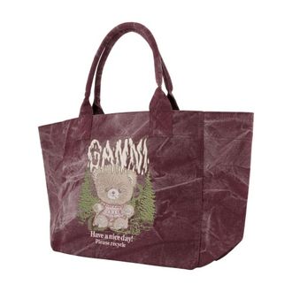 Ganni Printed Cotton Tote Bag - Burgundy
