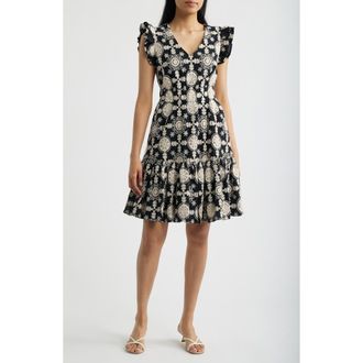 Anne Klein Ruffle V-Neck Cotton Dress in Anne Black/Ivory at Nordstrom, Size X-Smallp