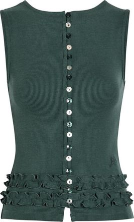 Damson Madder Ember Ribbed Ruffle-trim Cotton-blend Tank - Green - 14 (UK14 / L)