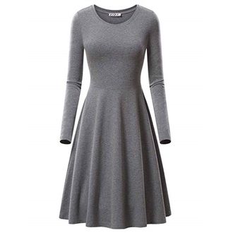 Generic Womens Dress Plain A Line Swing Skater Dress Crew Neck Midi Dresses Casual Flared Long Sleeve Dress Fall Pleated Knee Length Dress Ladies Flowy Holida