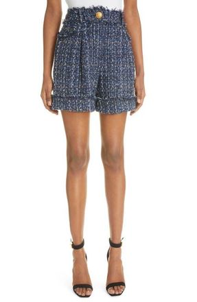 Balmain Pleated Tweed Shorts in Multi-Blue at Nordstrom, Size 38