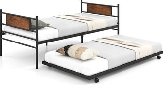 Costway Metal Daybed with Pull-out Trundle Single Sofa Guest Bed w/Headboard