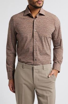 Zanella Jagged Heathered Herringbone Print Knit Nylon Blend Dress Shirt in Brown at Nordstrom Rack, Size X-Large