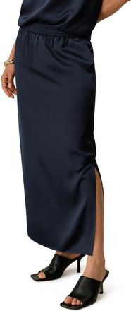 LilySilk Washable Silk Charmeuse Pull-on Skirt in Midnight Blue at Nordstrom, Size 4