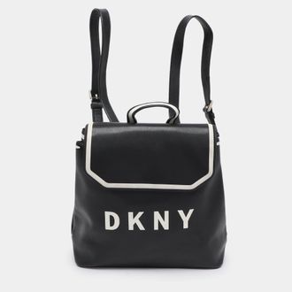DKNY Dkny Black Leather Logo Print Jade Flap Backpack