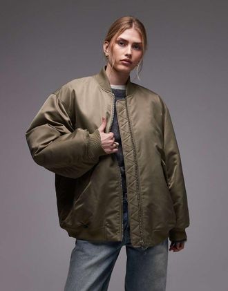 & Other Stories Giacca bomber oversize verde kaki in nylon con maniche a coste