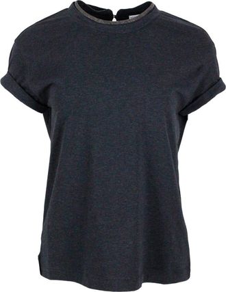 Brunello Cucinelli Short-sleeved T-shirt In Elasticized Stretch Cotton With A Crew Neck Edged With Jewels