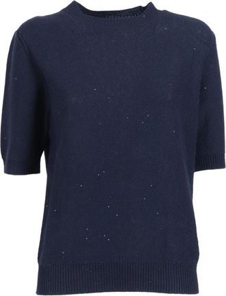 Fabiana Filippi Rondgebreide trui met korte mouwen en pailletten - Dames - Ronde hals truien - Blauw - S - Pailletten - Truien & Vesten