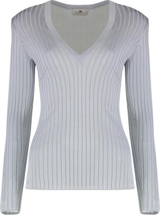 Elisabetta Franchi Geribbelde Gebreide V-hals Lange Mouw Top - Dames - V-hals truien - Blauw - L - Truien & Vesten