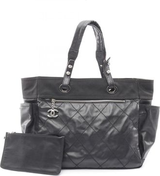 Chanel Black Coated Canvas Leather Handbag Tote Bag (Pre-Owned)