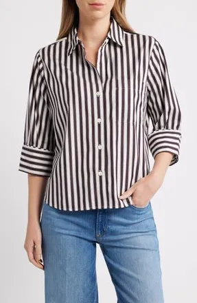 Madewell Easy Y-Neck Poplin Button-Up Shirt in Purple Black And White Stripe at Nordstrom Rack, Size X-Large