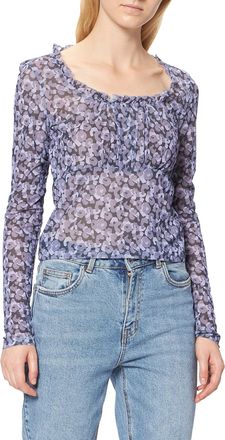 NA-KD Womens Frill Detail Mesh Top Shirt, Purple Flower, 2X-Large