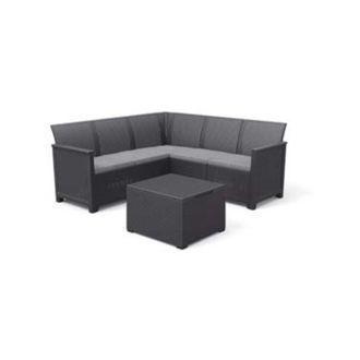Keter Salottino da Esterno Emma Corner Set 4 Pezzi in Resina Effetto Rattan con Divano Angolare 5 Posti e Tavolino Contenitore Colore Graphite Keter