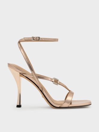 Charles & Keith Metallic Leather Crystal-Buckle Ankle-Strap Heels