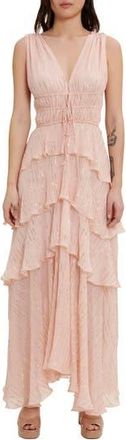 Maje Rufflinette Metallic Tiered Ruffle Maxi Dress in Pink at Nordstrom Rack, Size 10 Us / 42 Fr