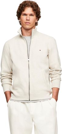 Tommy Hilfiger Mens Medium Weight Fleece Full Zip Up Sweatshirt Cardigan Sweater, Heathered Oatmilk, XL