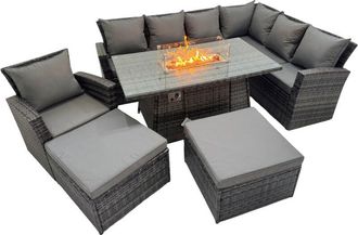 Fimous Fimous Outdoor Furniture Garden Dining Set Rattan Corner Sofa Chair Set Gas Fire Pit Table with Temper Glass 2 Big Footstools Dark Grey Mixed