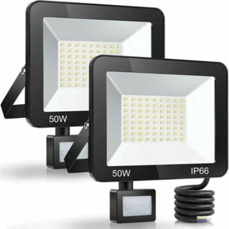 OEM Foco Led Para Exterior De 50 W Con Sensor De Movimiento (2 Unidades), Resistente Al Agua Ip66, 5000 Lm, 7000 K, Blanco Fr&iacute;o, Ideal Para Jard&iacute;n, Patio 
