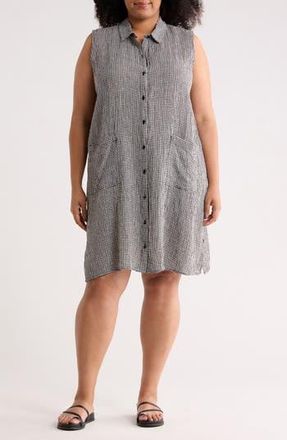Eileen Fisher Gingham Sleeveless Organic Linen Shirtdress in Black/White at Nordstrom Rack, Size 3X