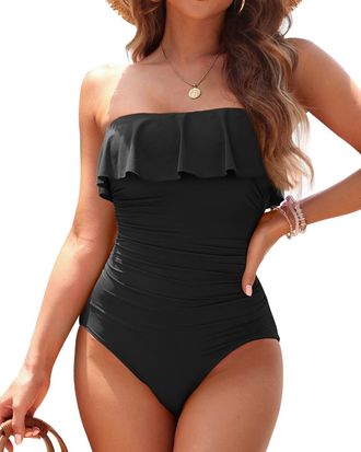Holipick Strapless One Piece Swimsuits for Women Tummy Control Bandeau Bathing Suits Ruffle Slimming Swimwear, Black, 18 Plus