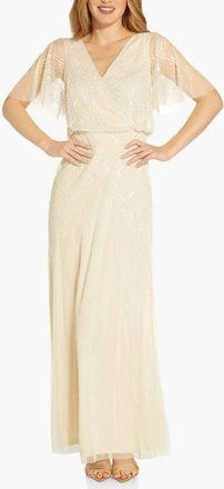 Adrianna Papell Beaded Flutter Sleeve Evening Dress In Sand Shell