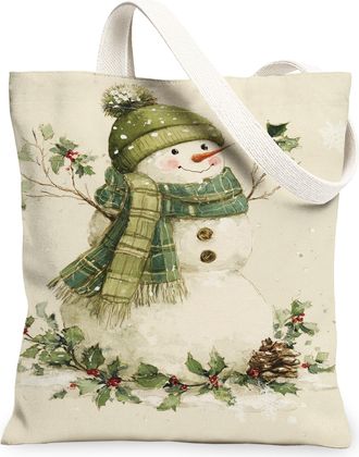 Generic Snow Man Canvas Tote Bags, Winter Holiday Design Reusable Grocery Bags, Vintage Lightweight Washable Shoulder Strap Canvas, Beige, 13x15 Inch
