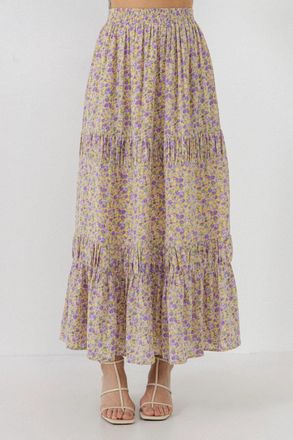 English Factory Womens English Factory Midi Skirt Multi Floral Shirring Detail Tiered JZZ294