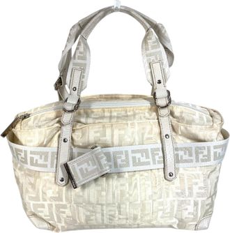 Fendi White Nylon Canvas Leather Handbag Shoulder Bag Tote Bag (Pre-Owned)